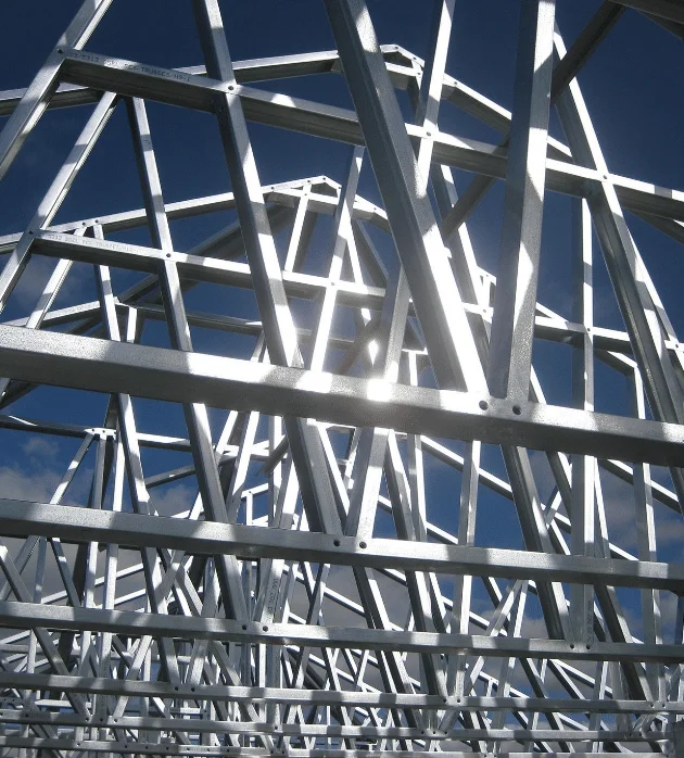 Close-up of galvanized steel roof trusses for Michigan barndo